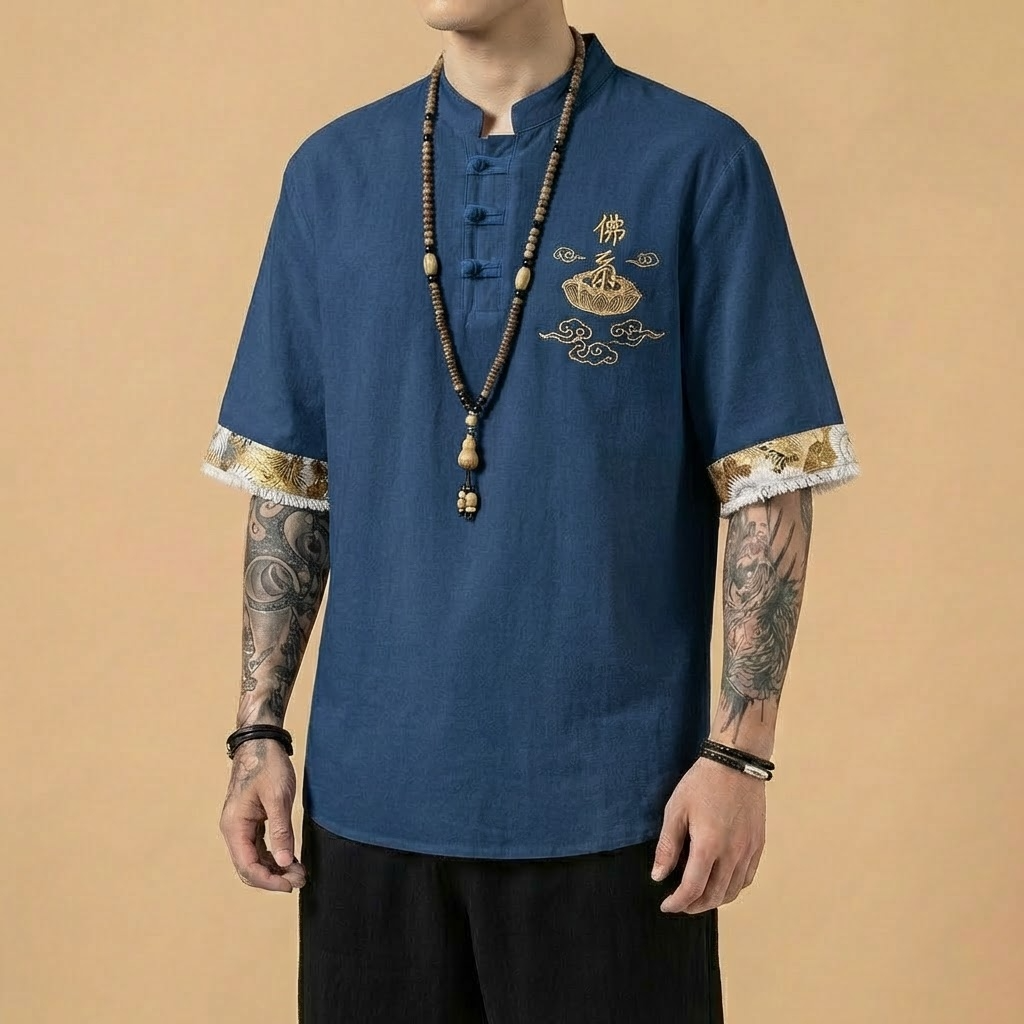Yulan Mandarin Shirt in navy blue, front view