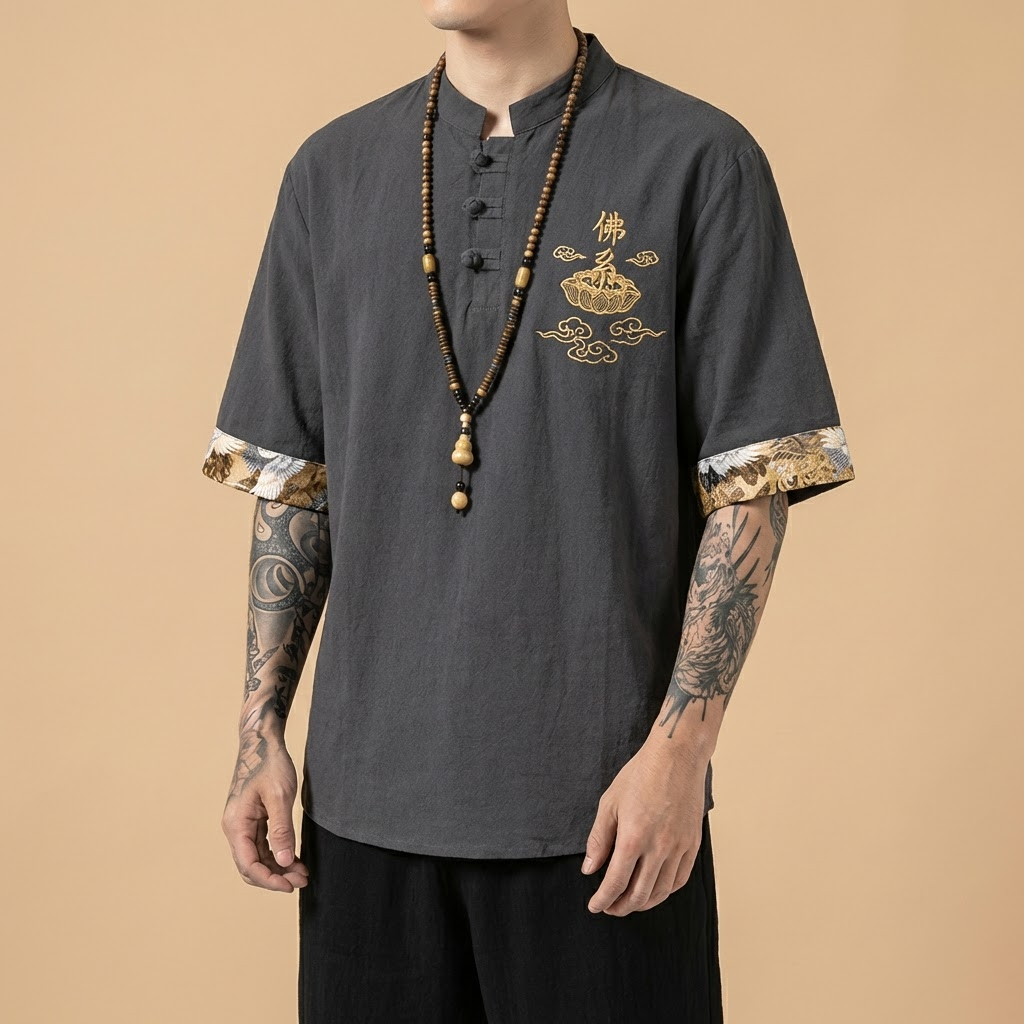 Yulan Mandarin Shirt in gray, front view