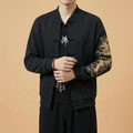 Jinlong Mandarin Bomber Jacket in black with dragon embroidery, front view