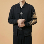 Jinlong Mandarin Bomber Jacket in black with dragon embroidery, front view