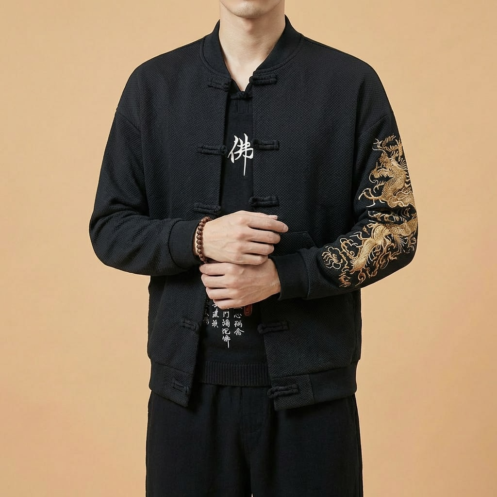 Jinlong Mandarin Bomber Jacket in black with dragon embroidery, front view
