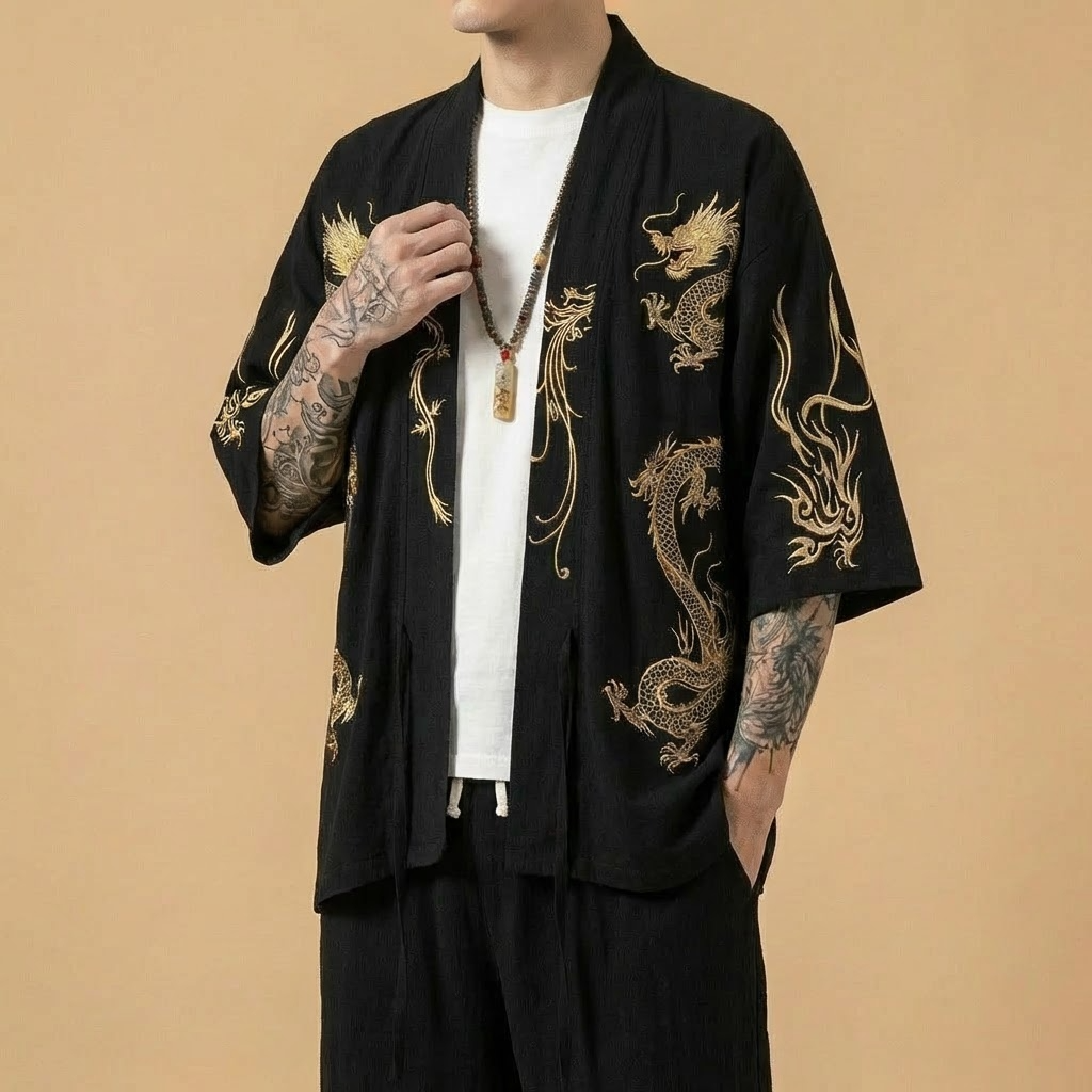 Tenryu Kimono in black, alternate model pose