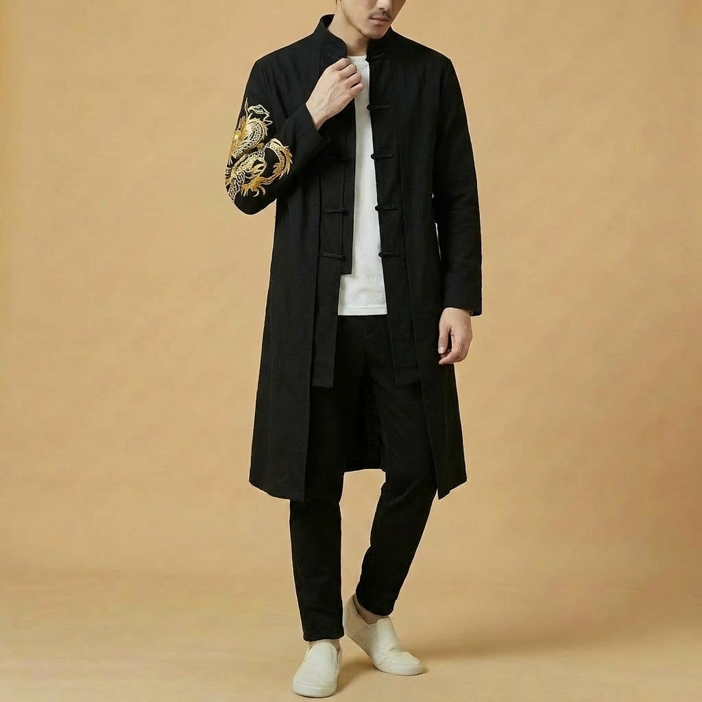 Ziran Mandarin Coat in black, side view