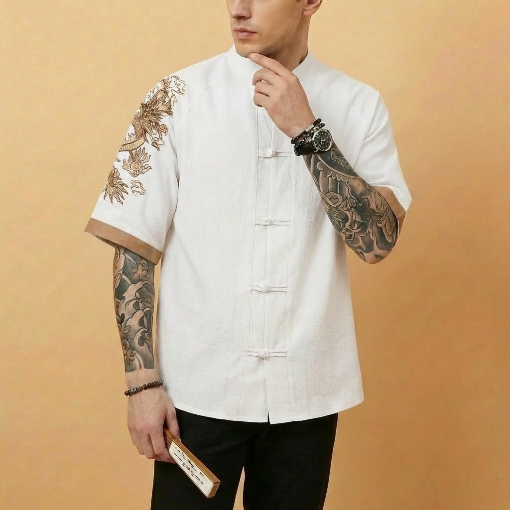 Longwei Mandarin Shirt in white, short sleeve, front view
