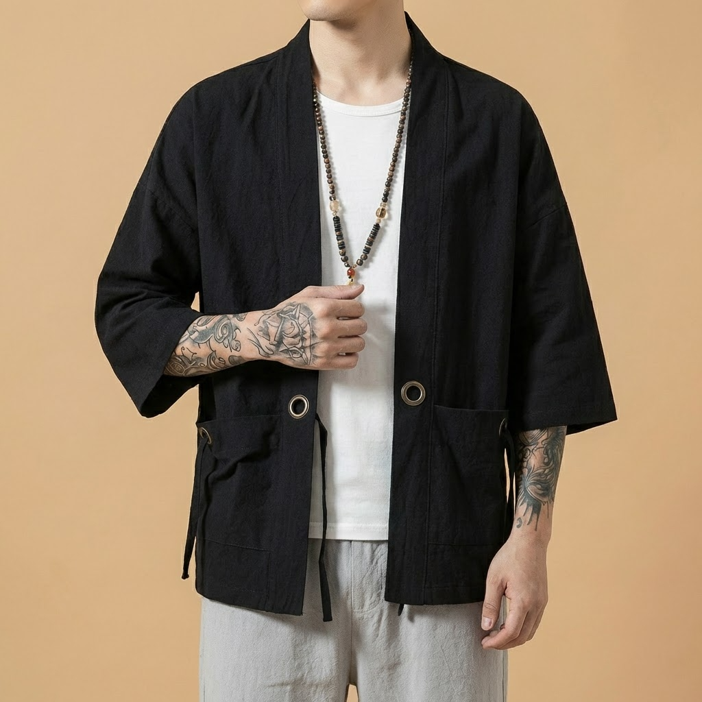 Shizen Kimono in dark navy, front view