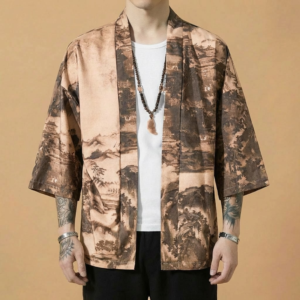 Shodo Kimono in brown, front view