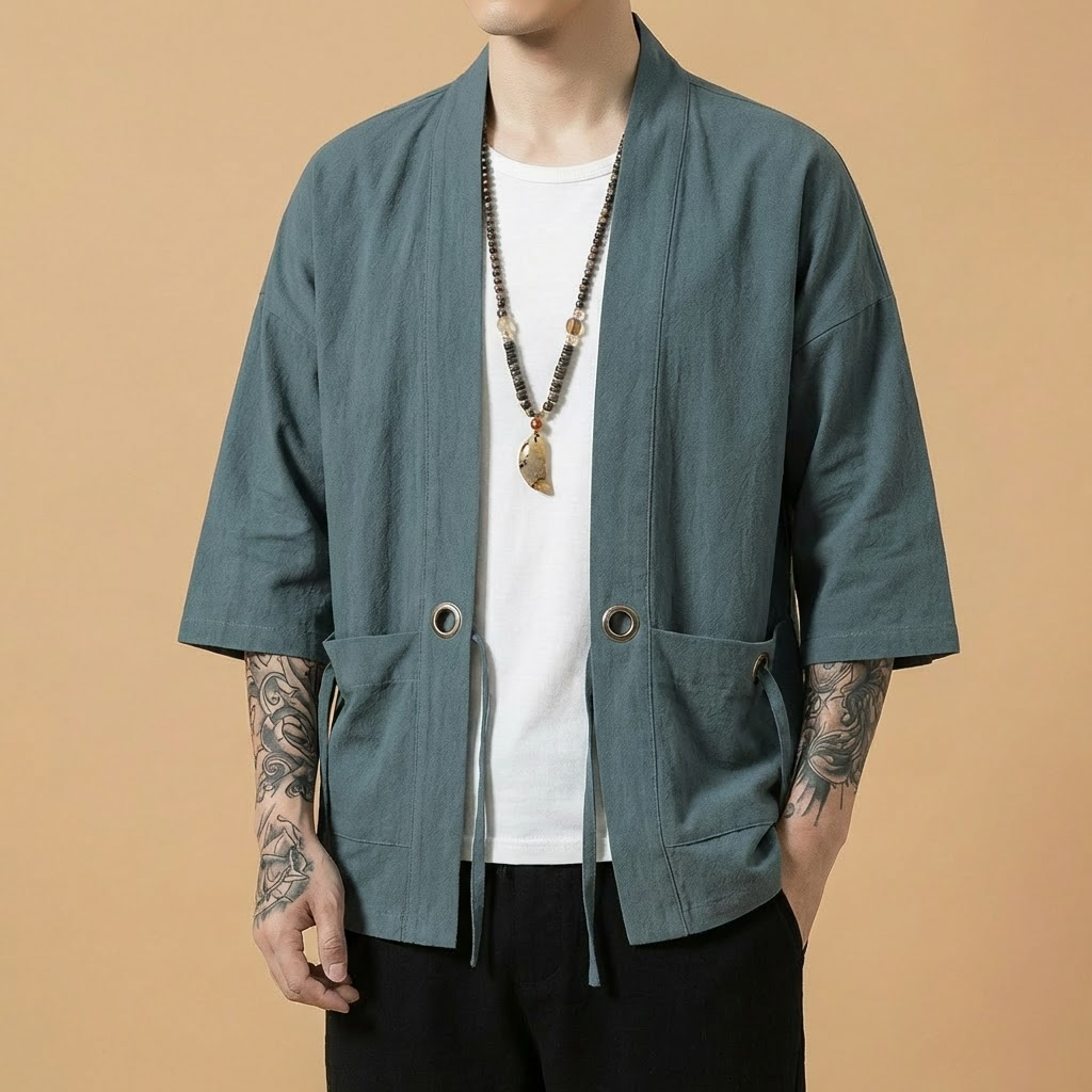 Shizen Kimono in grey-blue, front view