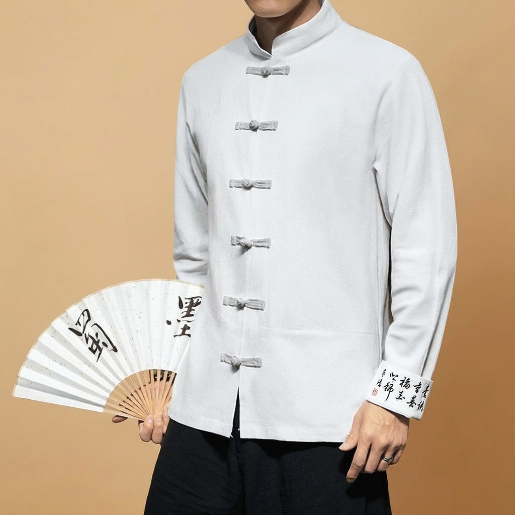 Qingyuan Mandarin Tang Jacket in white, front view
