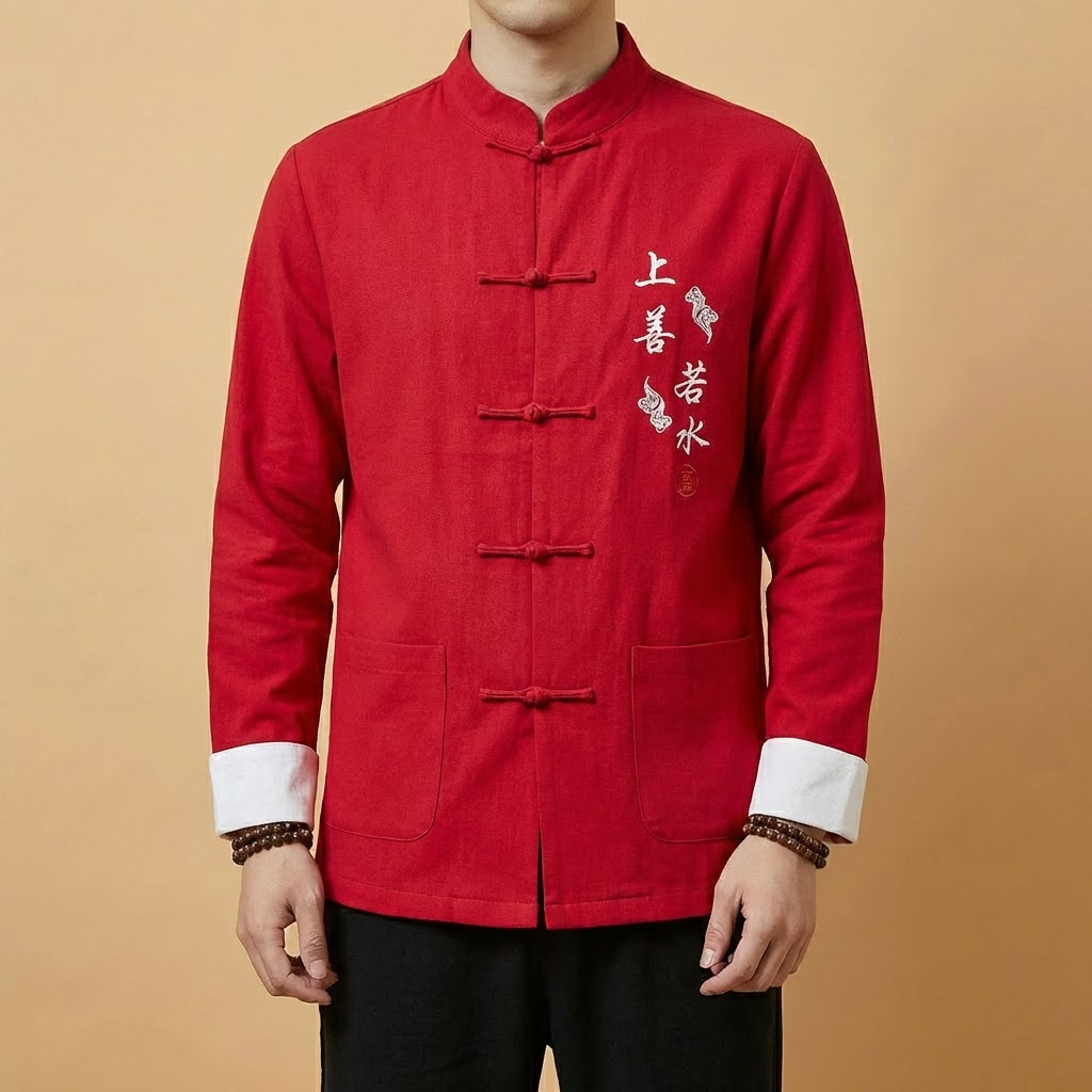 Qingyuan Mandarin Tang Jacket in beige, front view