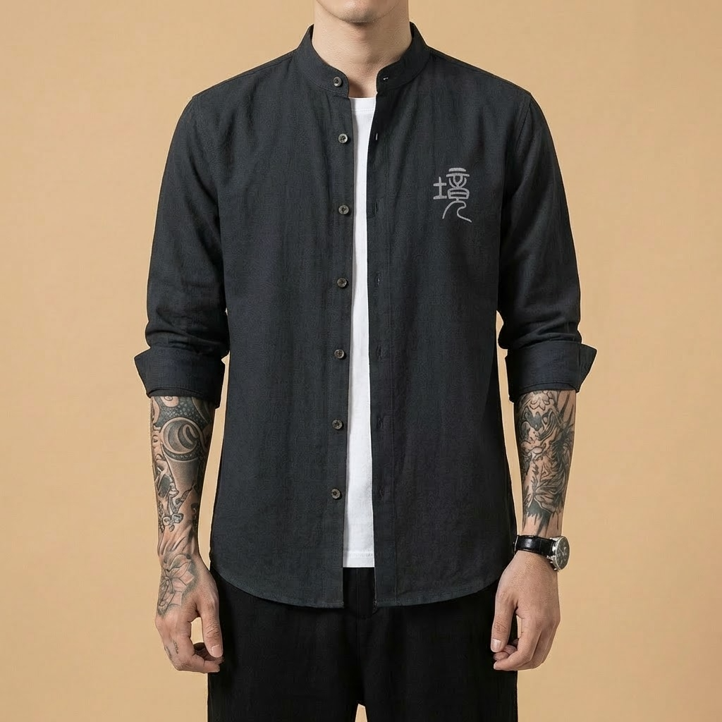 Haishe Mandarin Jacket in black, front view