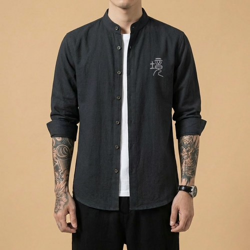 Haishe Mandarin Jacket in black, front view