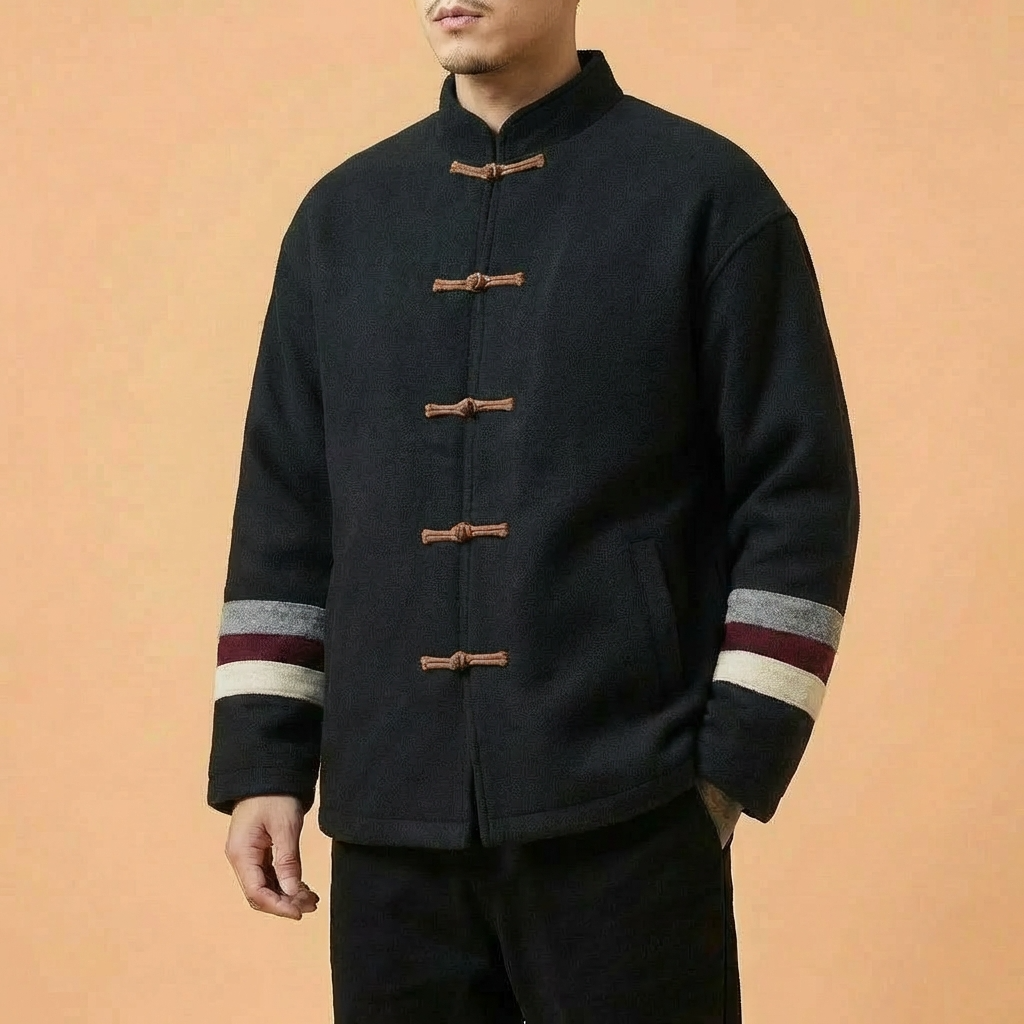 Kenshiro Mandarin Tang Jacket in black with contrast sleeves, upper body front view