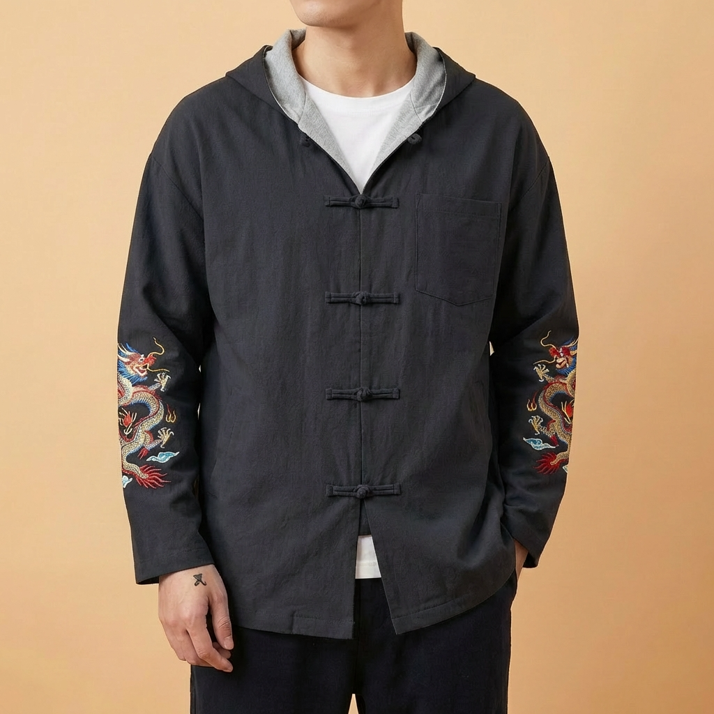 Ryujin Mandarin Tang Jacket in denim blue, front view