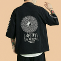 Seishin Kimono in black with back artwork, upper body front view