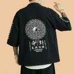 Seishin Kimono in black with back artwork, upper body front view