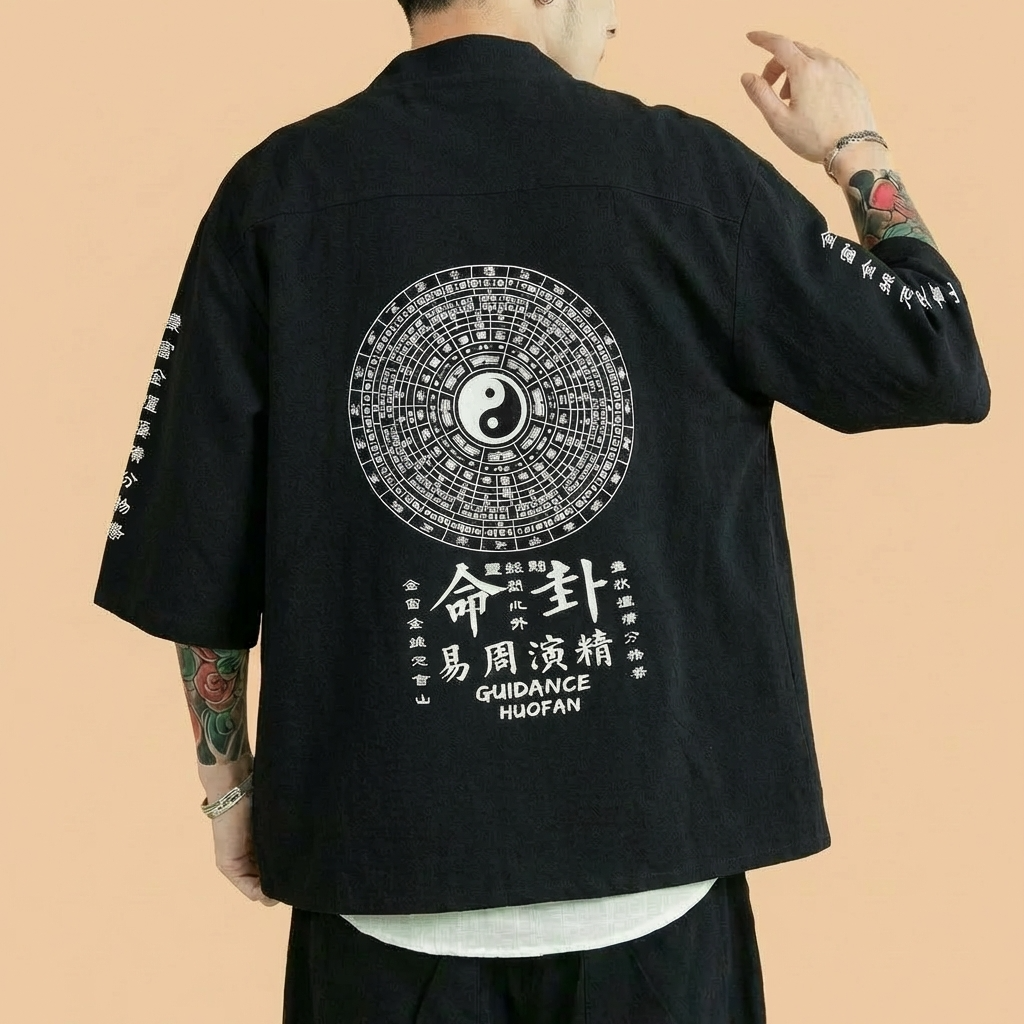 Seishin Kimono in black with back artwork, upper body front view