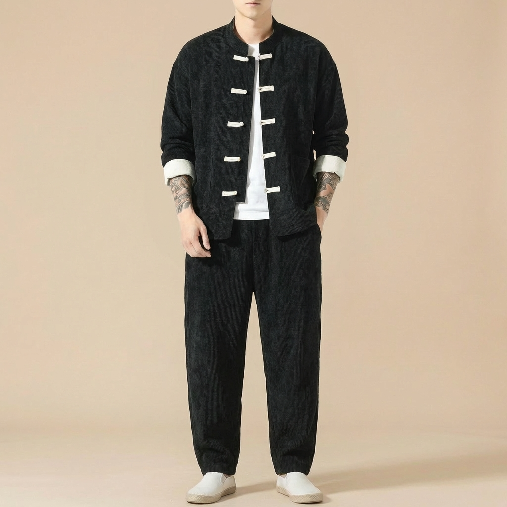 Moyan Corduroy Jacket in black, soft corduroy texture, upper body front view