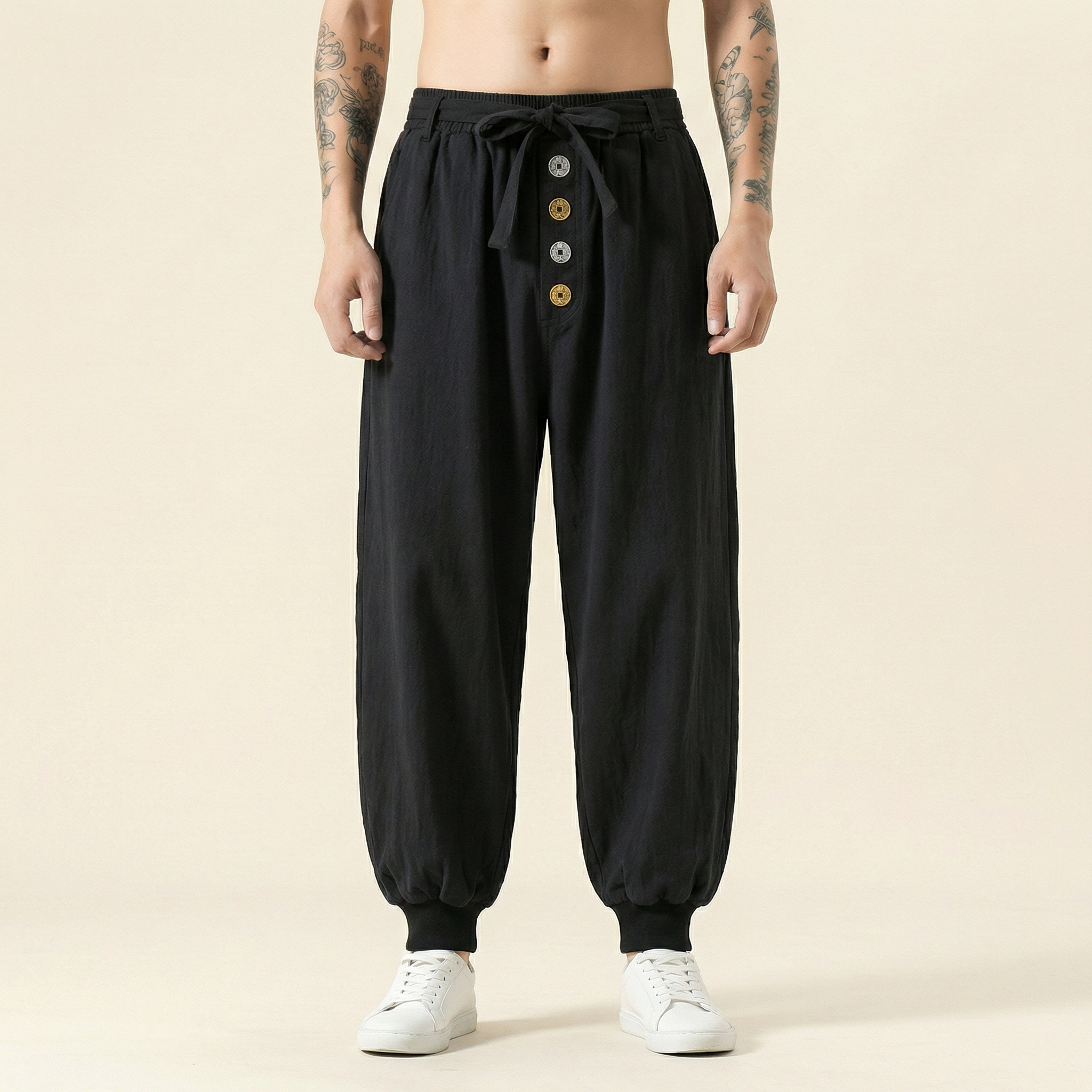 Kaiyuan Linen Flow Pants in black, front view
