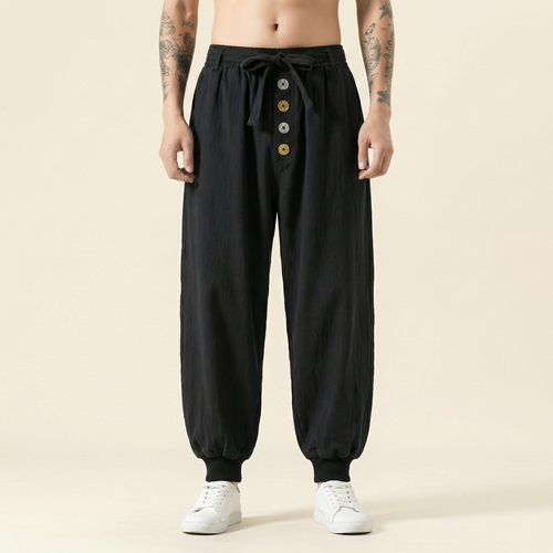 Kaiyuan Linen Flow Pants in black, front view