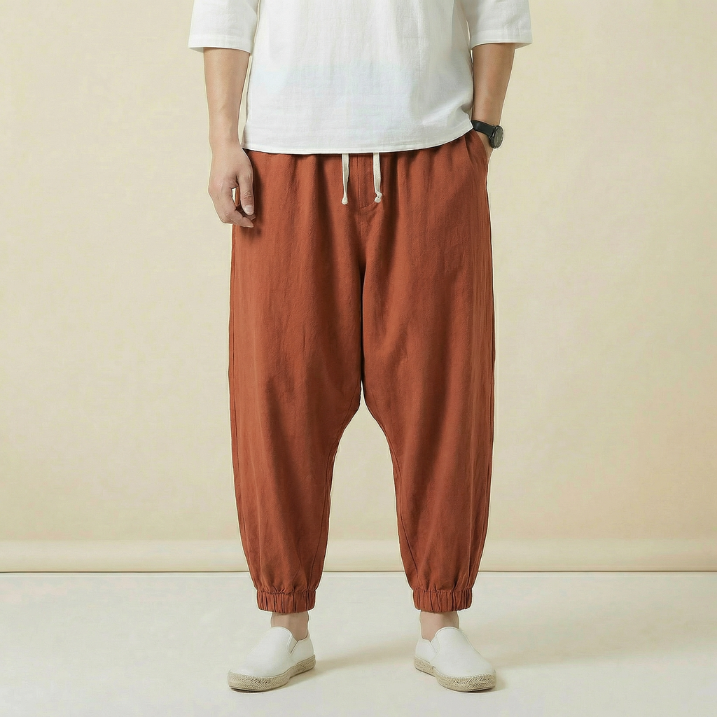 Zhenwu Flow Pants in brown, full length view