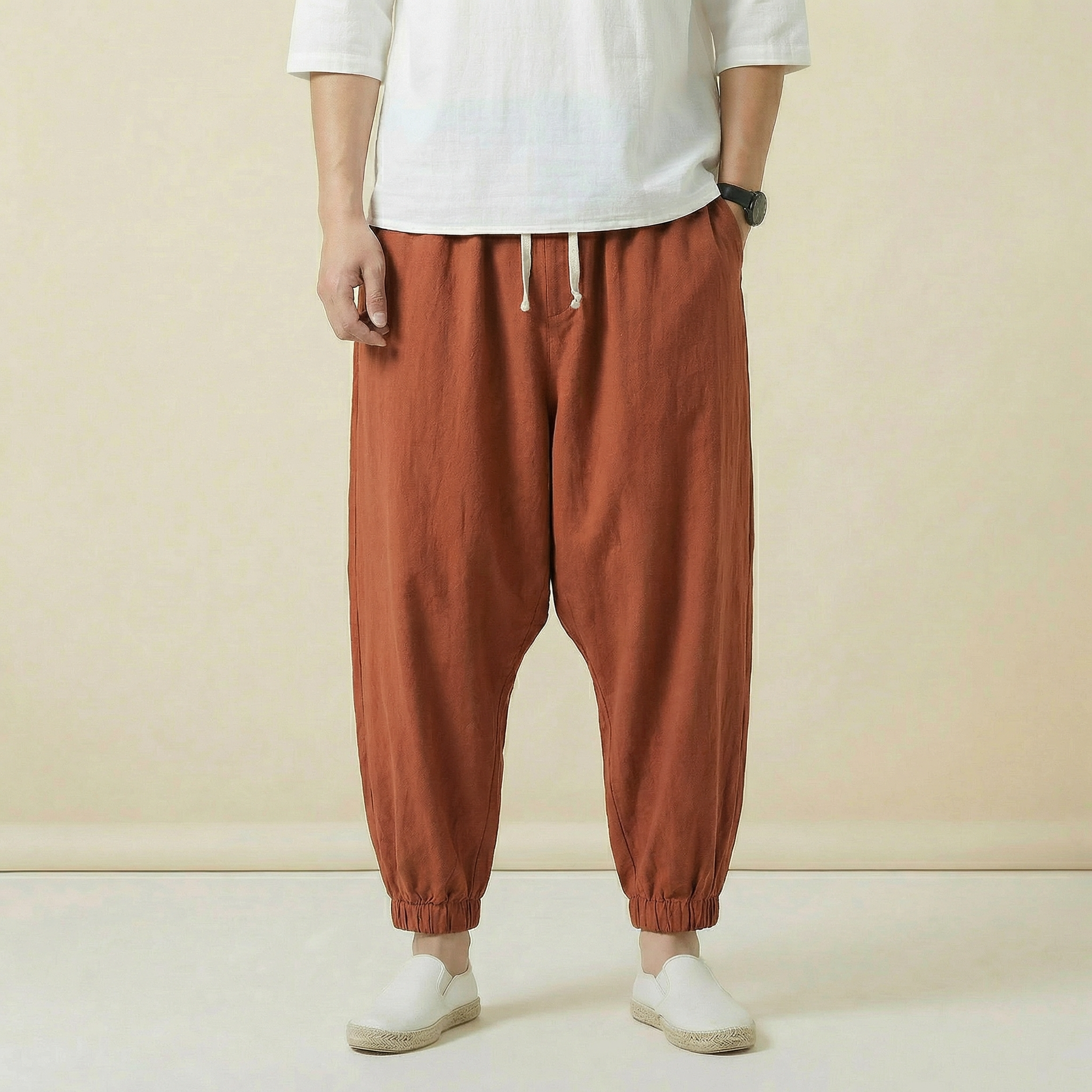 Zhenwu Flow Pants in brown, full length view