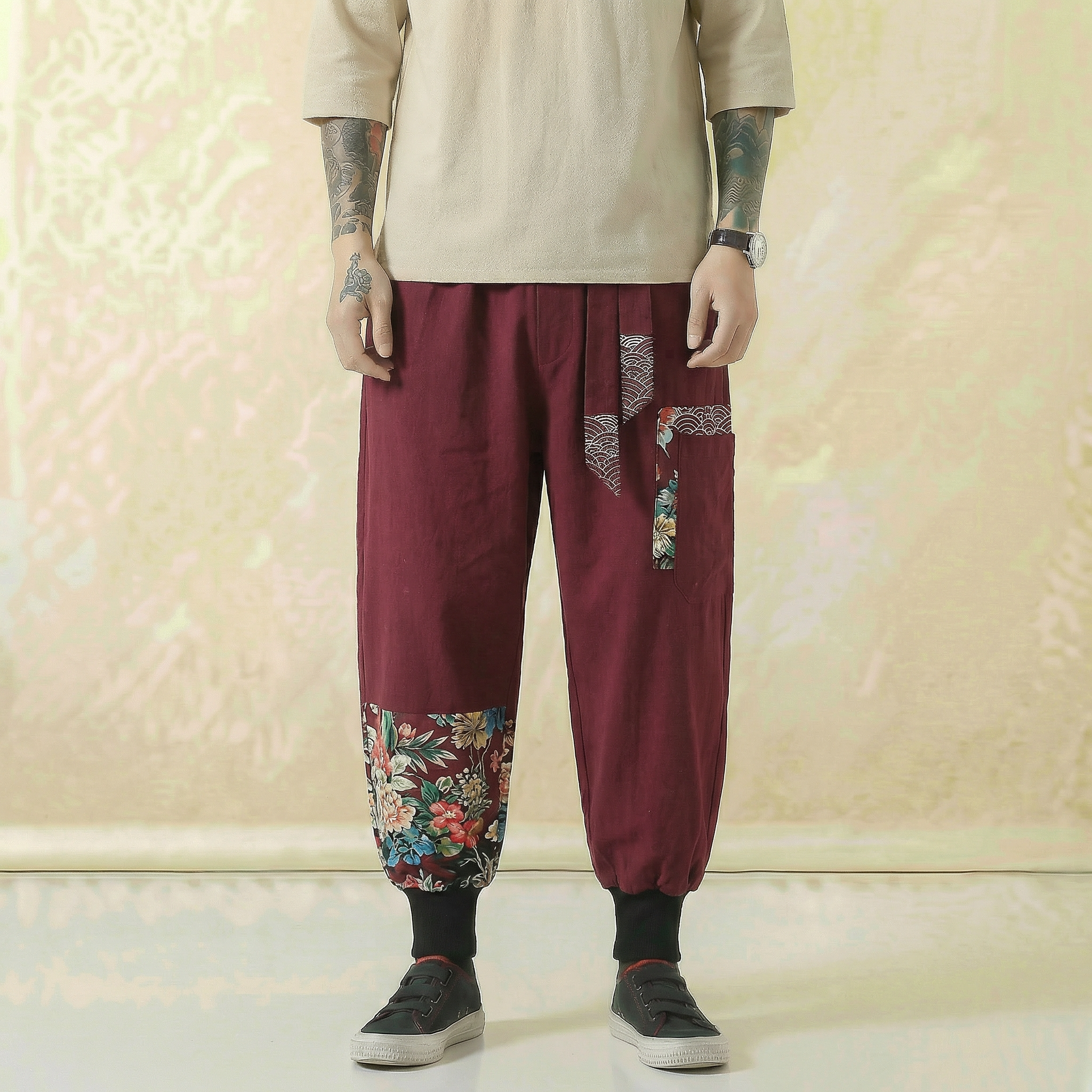 Hanami Linen Flow Pants in burgundy, front view