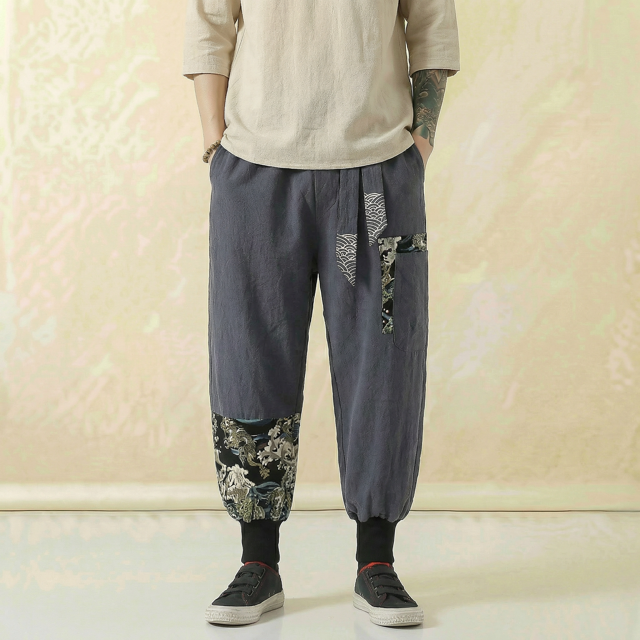 Hanami Linen Flow Pants in dark colorway, front view