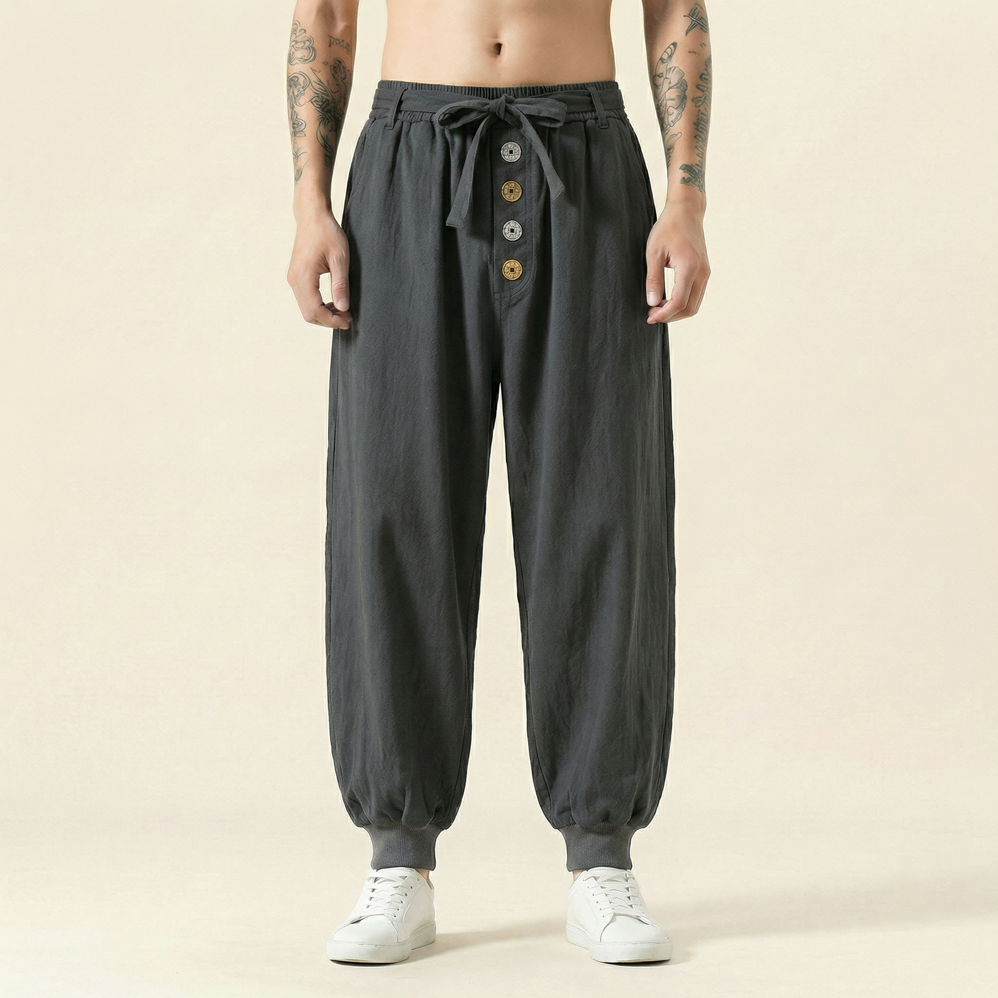 Kaiyuan Linen Flow Pants in dark gray, front view