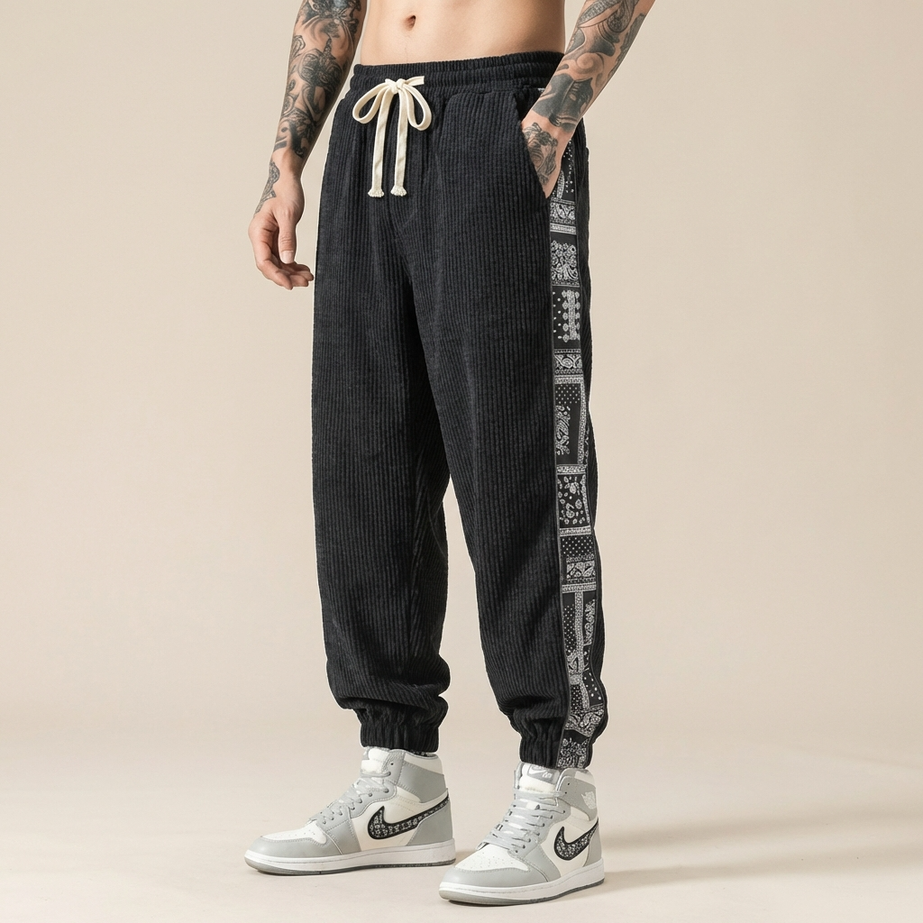 Liuan Flow Pants in dark brown corduroy, front view