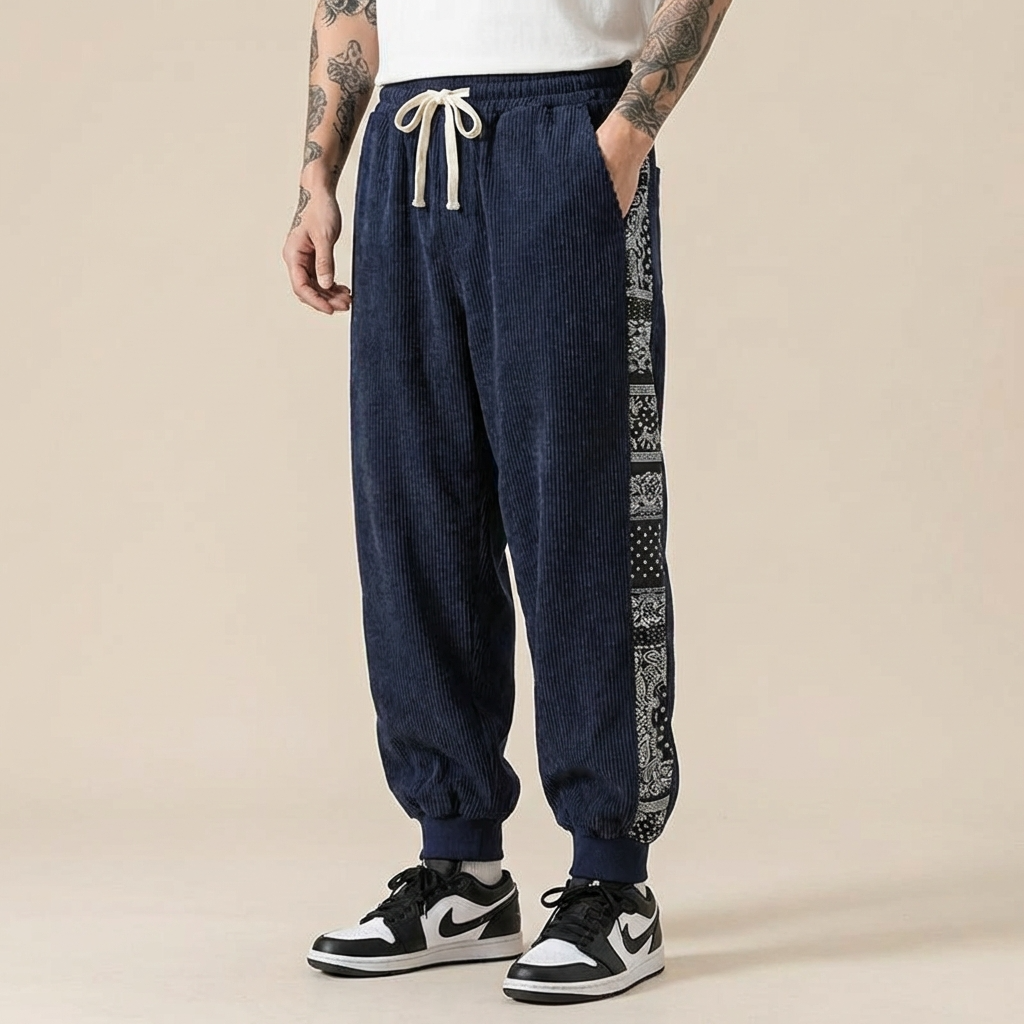 Liuan Flow Pants in dark corduroy, wide leg silhouette, front view