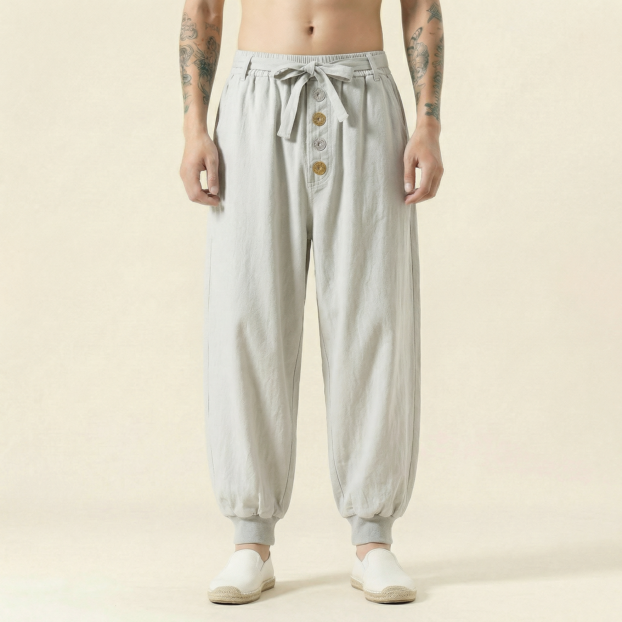 Kaiyuan Linen Flow Pants in light gray, front view