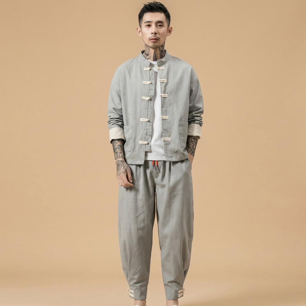 Xuanlong Tang Set in light gray, full body front view