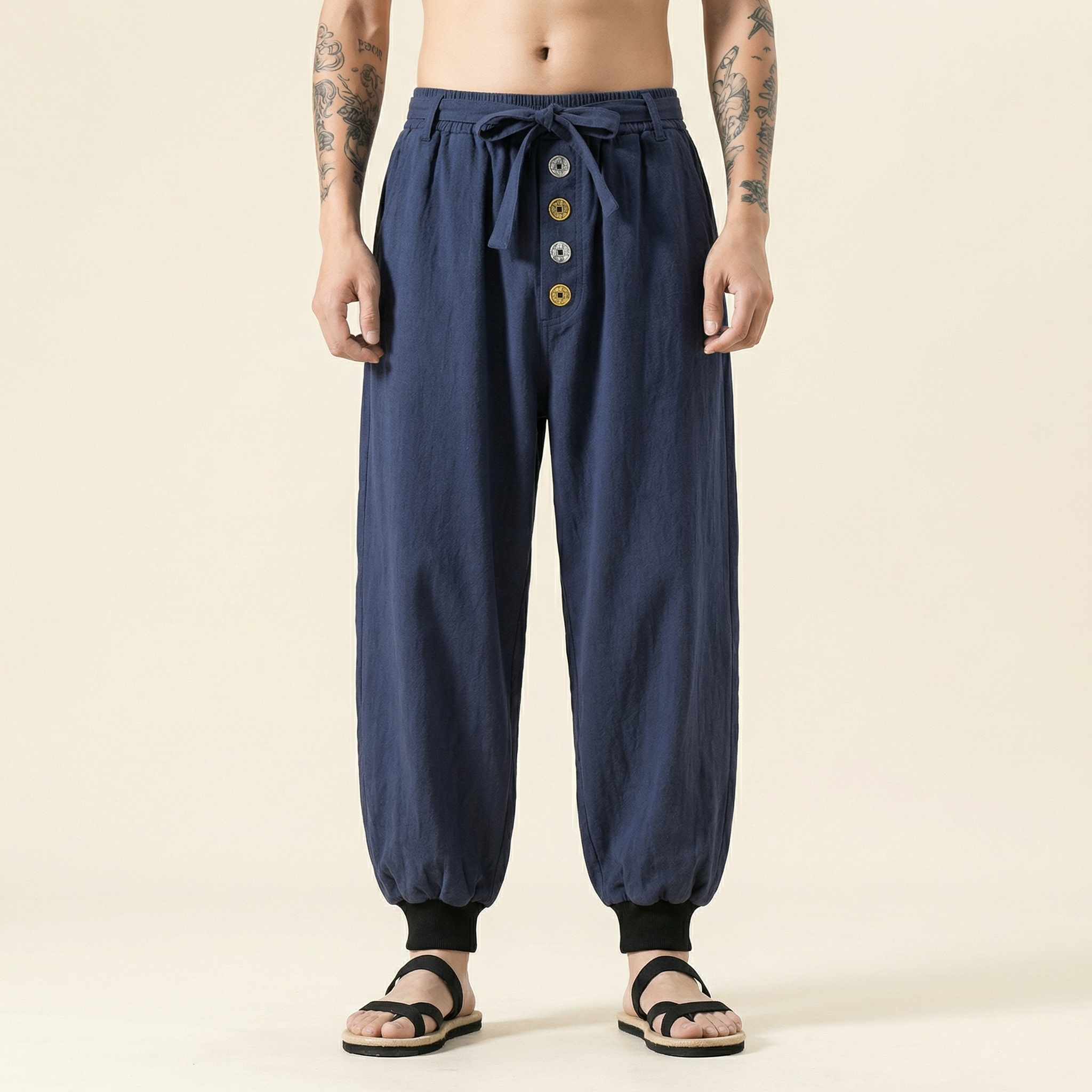 Kaiyuan Linen Flow Pants in navy blue, wide leg relaxed fit, front view