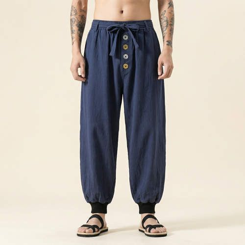 Kaiyuan Linen Flow Pants in navy blue, wide leg relaxed fit, front view