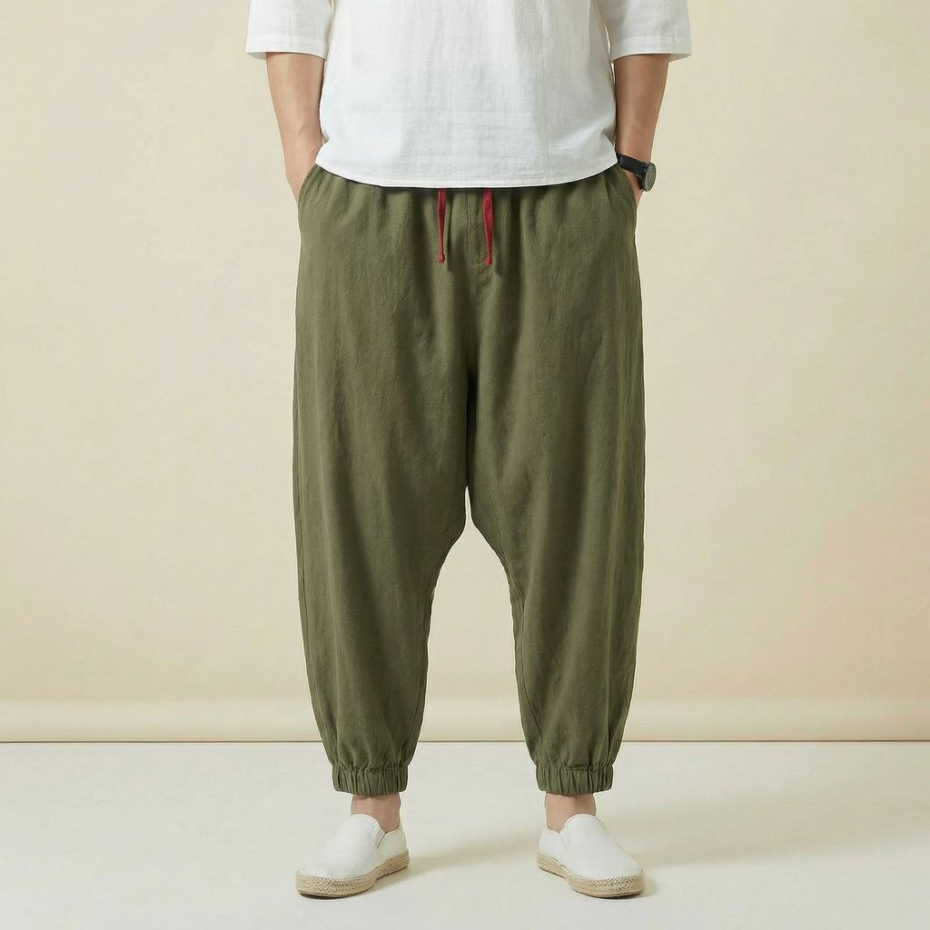 Zhenwu Flow Pants in olive green, drop crotch wide leg, front view