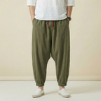 Zhenwu Flow Pants in olive green, drop crotch wide leg, front view