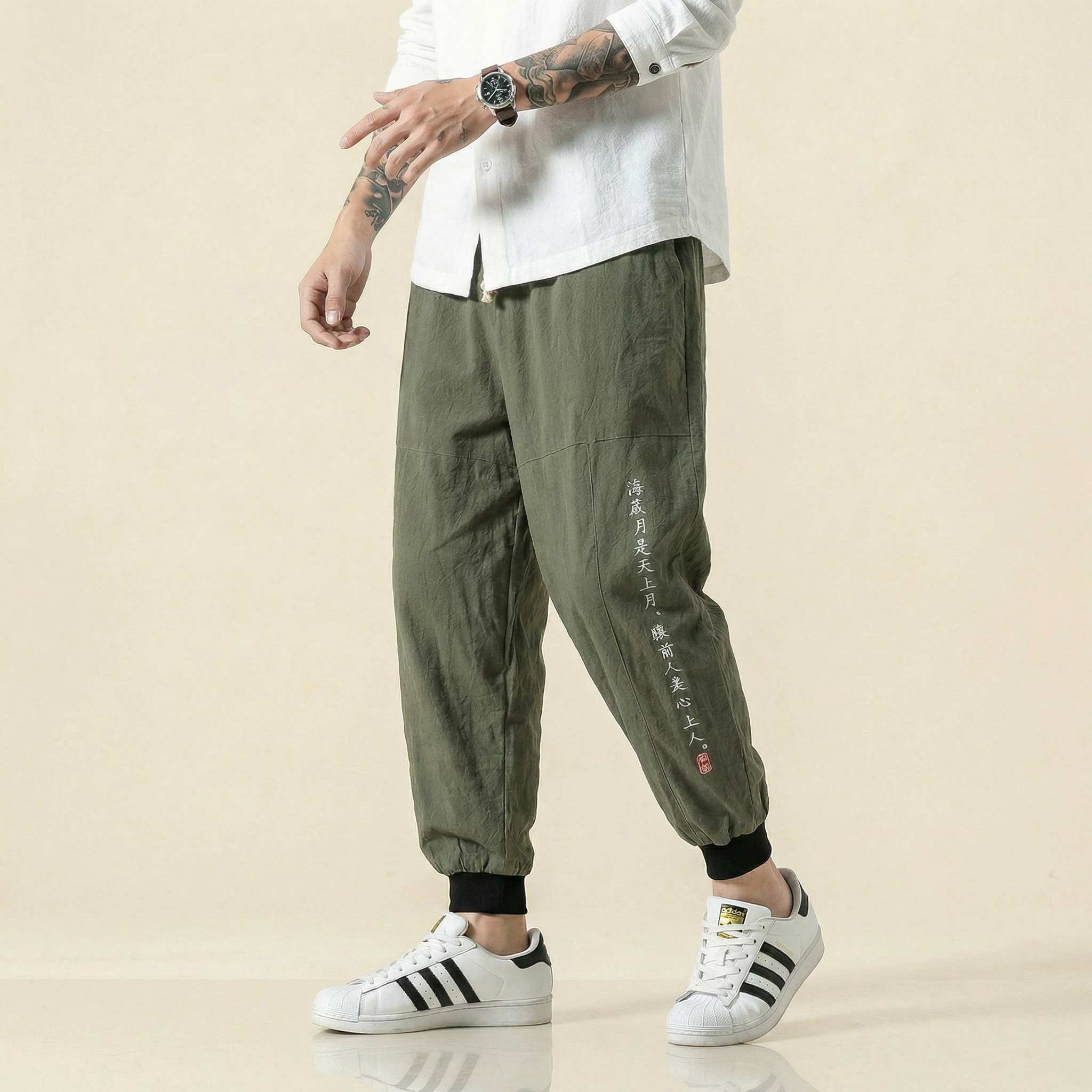 Mingrui Flow Pants in olive green, front view