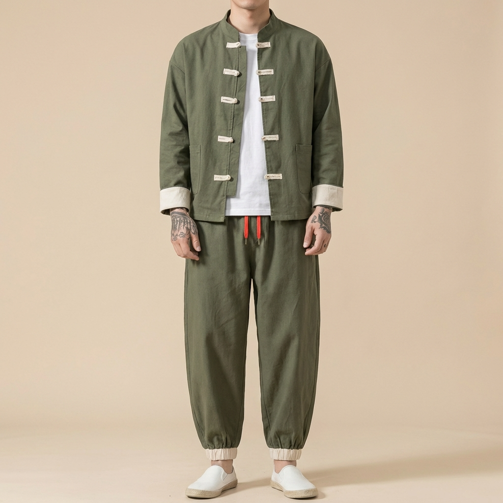 Xuanlong Tang Set in olive green, full body front view