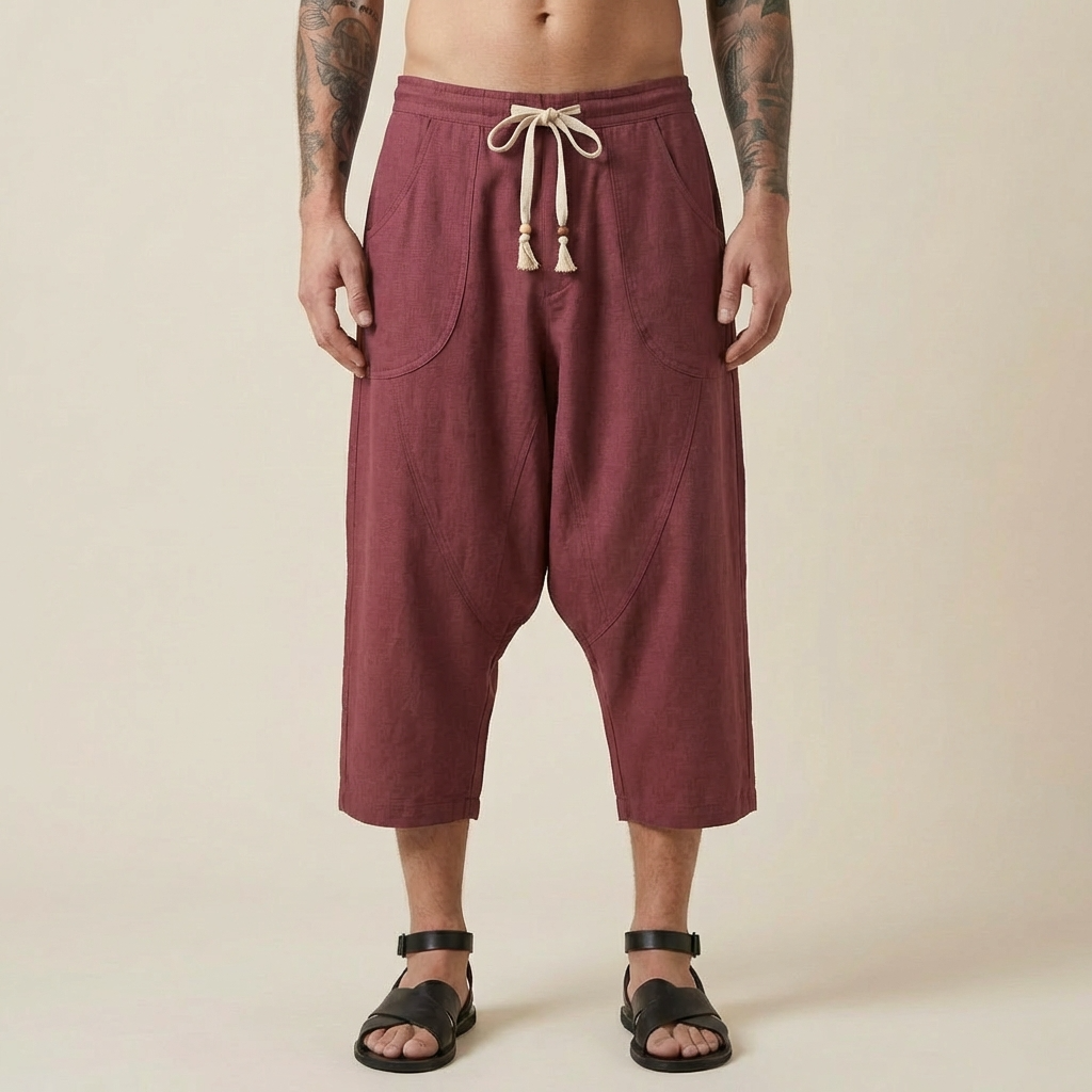 Shayan Cropped Flow Pants in wine red, wide leg linen blend, front view