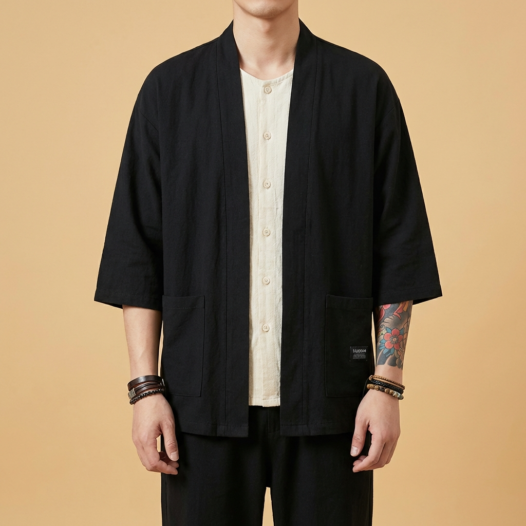 Seishin Kimono in black, full front view