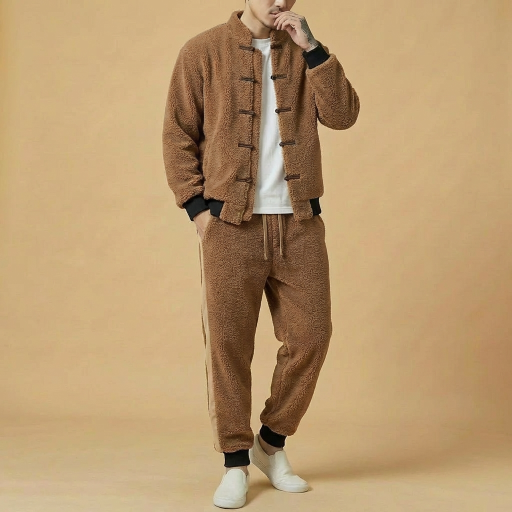 Zhenwu Winter Tang Set in brown, full body jacket and pants, front view