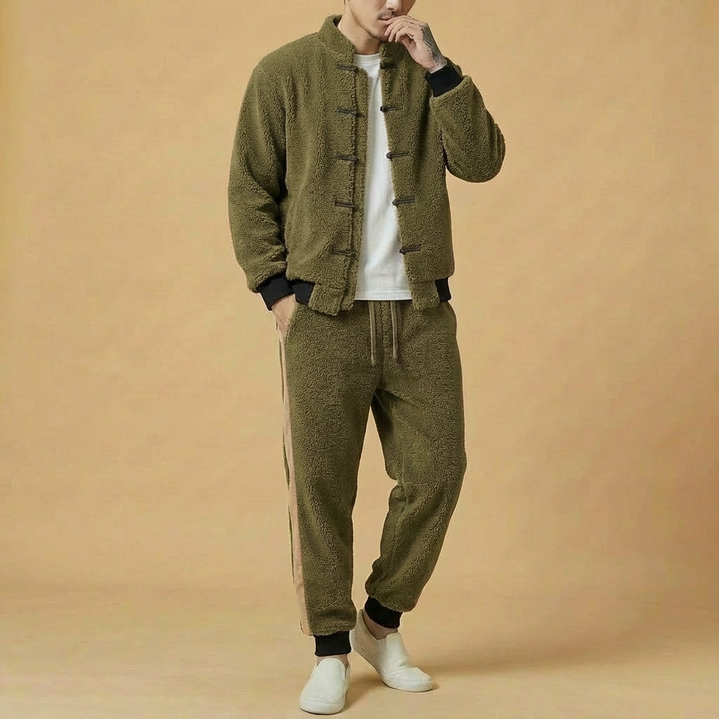 Zhenwu Winter Tang Set in military green, full body view