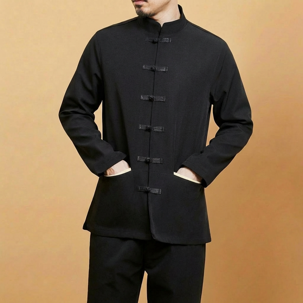 Zhenlong Mandarin Tang Jacket in black, full body view