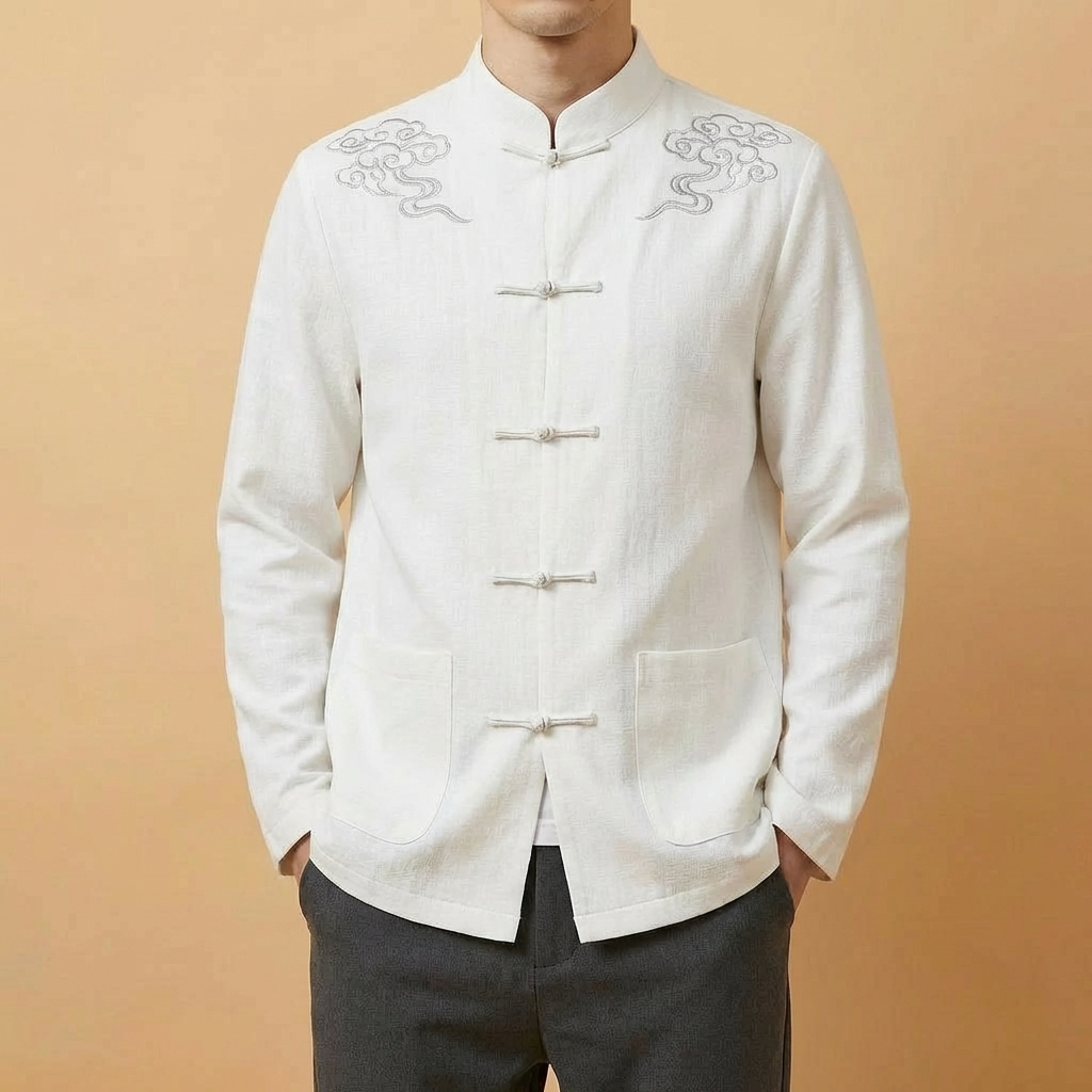 Yunhai Mandarin Tang Jacket in white, full body front view