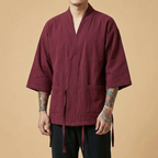 Renshi Kimono in navy blue, open front wide sleeve, upper body front view