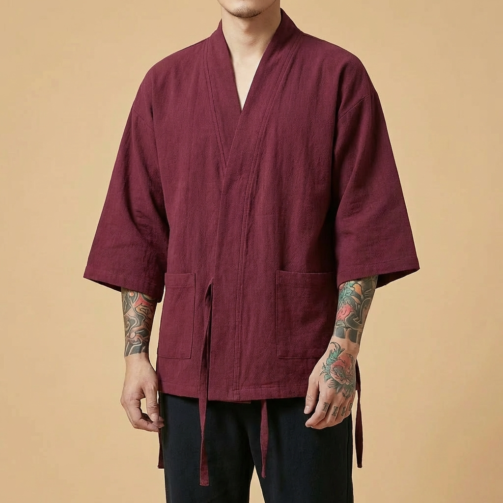 Renshi Kimono in navy blue, open front wide sleeve, upper body front view