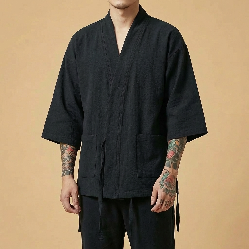 Renshi Kimono in black, front view