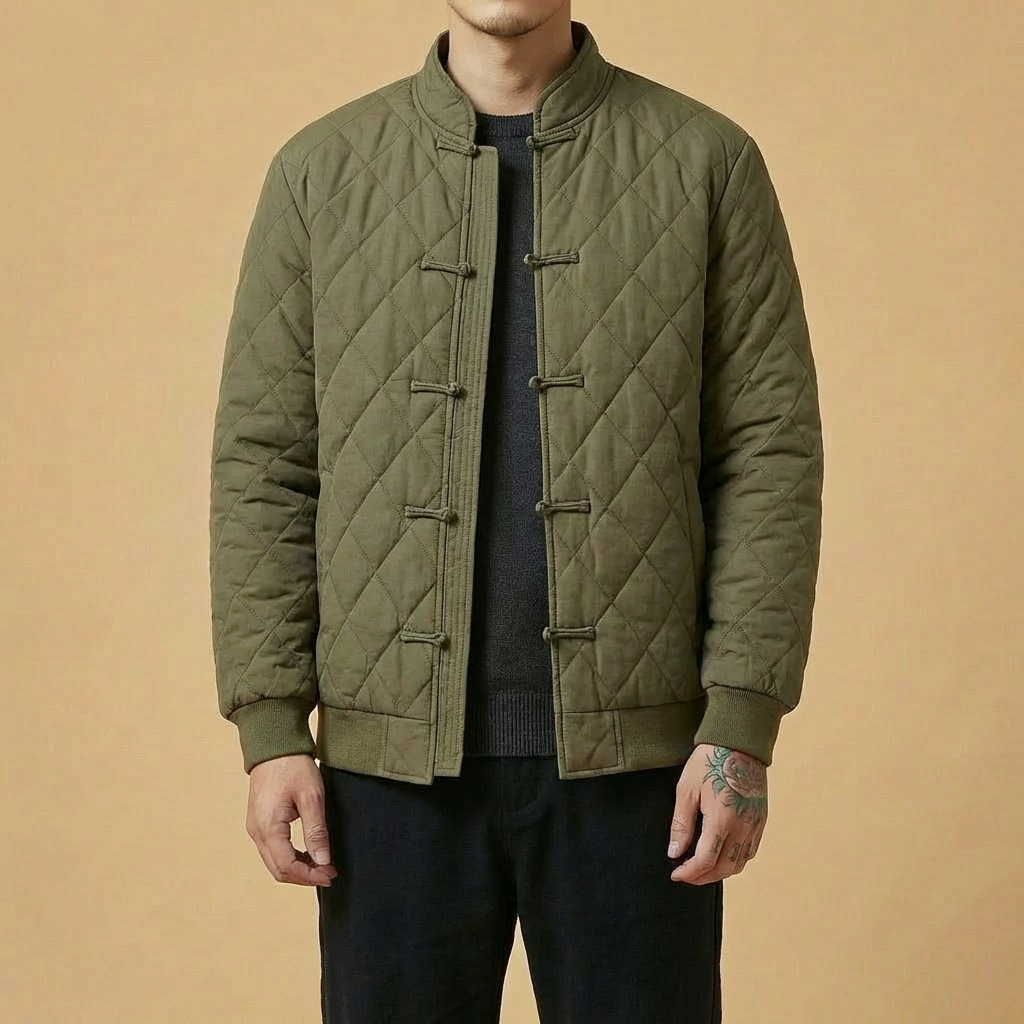 Seikyo Mandarin Tang Jacket in green, quilted construction, upper body front view