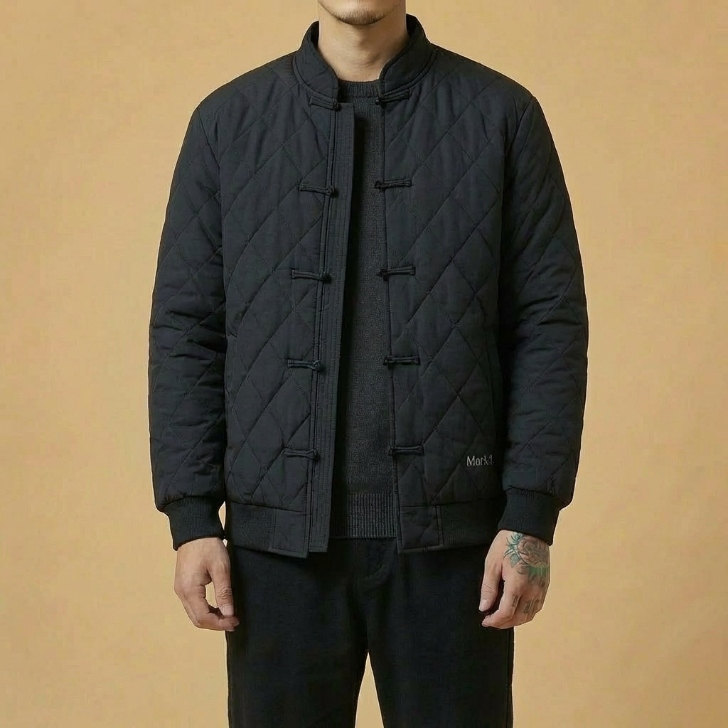 Seikyo Mandarin Tang Jacket in black, front view