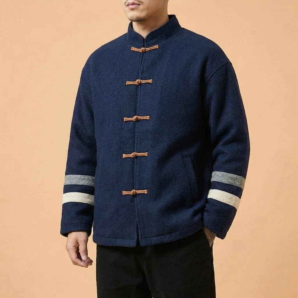 Kenshiro Mandarin Tang Jacket in blue, front view